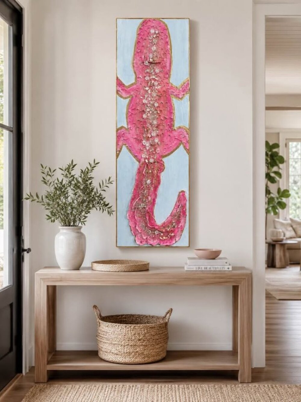 Maximalist Palm Beach Pink Crocodile Canvas Painting Heavy Texture Gold Accents